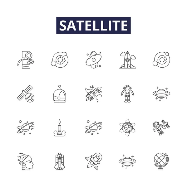 Satellite Line Vector Icons Signs Orbit Launch Space Tracking Planetary — Stock Vector