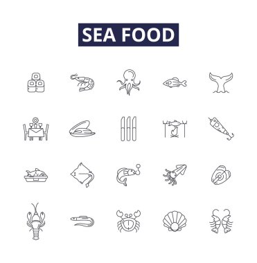Deniz gıda hattı vektör simgeleri ve işaretleri. Balık, Karides, İstiridye, İstiridye, Yengeç, Somon, Halibut, Istakoz vektör çizimi