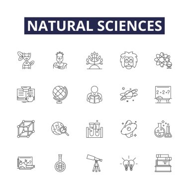Doğal bilimler vektör simgeleri ve işaretleri çiziyor. Kimya, Astronomi, Jeoloji, Fizik, Ekoloji, Paleontoloji, Okyanus Bilimi, Arkeoloji vektör çizimi