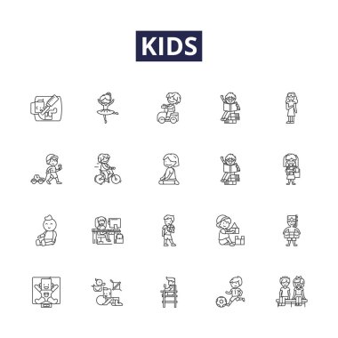 Çocuklar vektör simgeleri ve işaretleri çiziyor. bebekler, yeni yürümeye başlayanlar, gençler, anaokulları, çocuklar, okullar, olgunlaşmamış vektör çizimleri