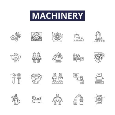 Makine hattı vektör simgeleri ve işaretleri. Ekipman, Mekanizma, Dişli, Alet, Assembly, Aygıt, Sistem, Kısmi vektör çizelgesi çizimi