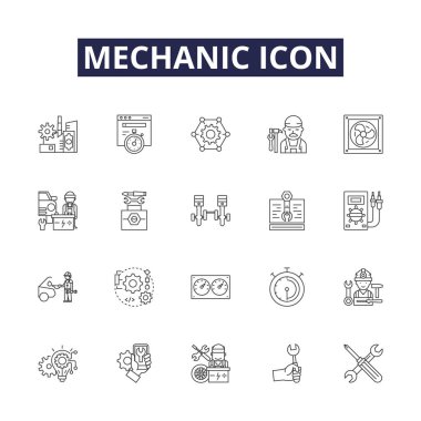 Mekanik simge çizgisi vektör simgeleri ve işaretleri. Teknisyen, tamirci, anahtarcı, uzman, zanaatkar, uzman, tamirci, tamirci, oto vektör çizimi çizimi