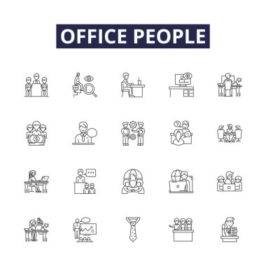 Ofisteki insanlar vektör simgeleri ve işaretler çiziyorlar. ofis, insanlar, takım çalışması, grup, çalışma, kadınlar, kurumsal, profesyonel vektör özet çizimi