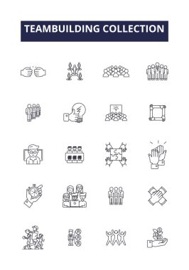 Takım oluşturma koleksiyonu çizgisi vektör simgeleri ve işaretleri. Kooperatif, İşbirliği, Yaratıcılık, Buzkıranlar, Ağ, İletişim, Moral, hedef belirleme vektör çizelgesi çizimi