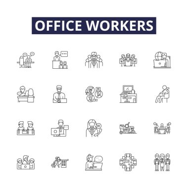 Ofis çalışanları vektör simgeleri ve tabelalar çiziyor. Çalışanlar, Katipler, Yöneticiler, Yöneticiler, Yöneticiler, Yöneticiler, Asistanlar, Analistler, Muhasebeciler vektör çizimi