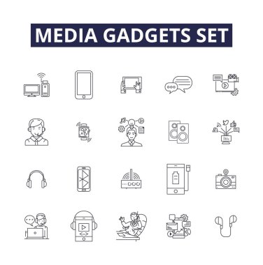 Medya aygıtları çizgi vektör simgeleri ve işaretleri ayarlar. Gadgets, Set, Cihazlar, Elektronik, Teknoloji, Bilgisayarlar, Hoparlörler, USB vektör çizimi çizimi