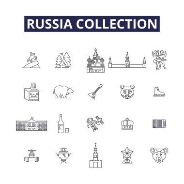 Rusya koleksiyon hattı vektör simgeleri ve işaretleri. Koleksiyon, Sovyet, Moskova, Kremlin, Putin, Red, Hermitage, Ukrayna vektör çizimi