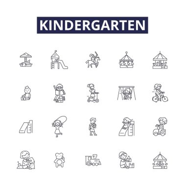 Anaokulu çizgisi vektör simgeleri ve tabelaları. Öğren, Keşfet, Büyüt, Oyuncaklar, ABC 'ler, Sayılar, Renkler, Şekiller vektör çizim kümesi