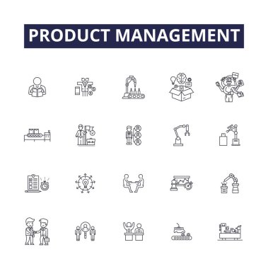 Ürün yönetimi çizgisi vektör simgeleri ve tabelaları. Yönetim, Planlama, Geliştirme, Tasarım, Tahsis, Pazarlama, Değerlendirme, Analiz vektör çizimi