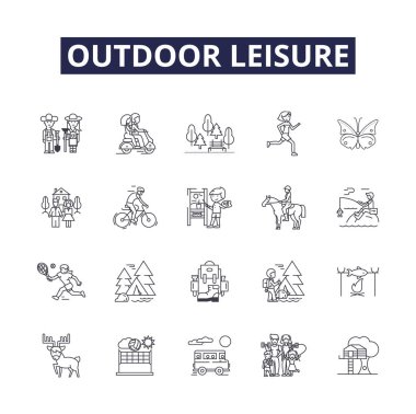 Açık havada boş zaman çizgisi vektör simgeleri ve işaretleri. kamp, kano, bisiklet, yüzme, kano, rafting, balıkçılık, yelken vektör çizimi çizimi