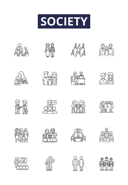 Sociedad Línea Vectorial Iconos Signos Comunidad Personas Normas Relaciones Valores — Archivo Imágenes Vectoriales