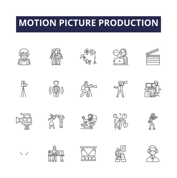Ikony Znaki Wektorowe Linii Produkcyjnej Filmu Produkcja Kamera Reżyseria Montaż — Wektor stockowy