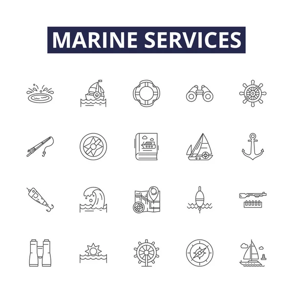 Marine Services Line Vector Icons Signs Shipping Boating Fishery Navigation — Stock Vector