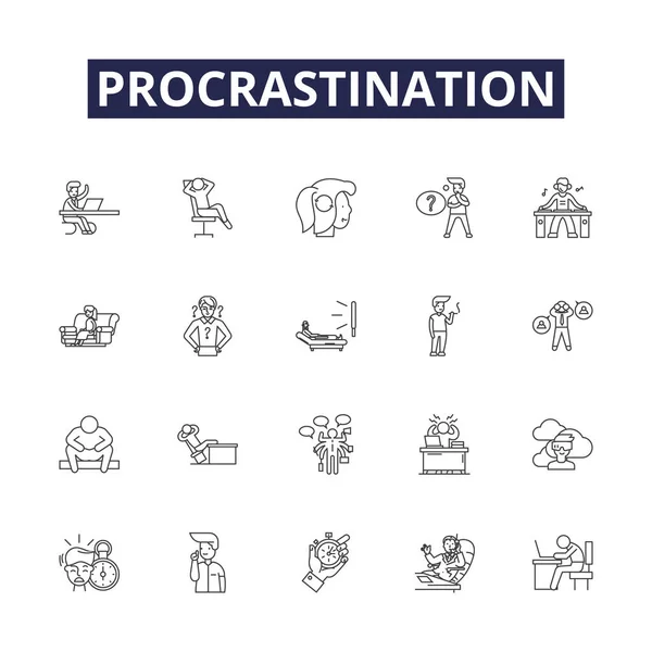 Procrastination Lijn Vector Pictogrammen Tekens Uitstellen Vertragen Uitstellen Uitstellen Uitstellen — Stockvector