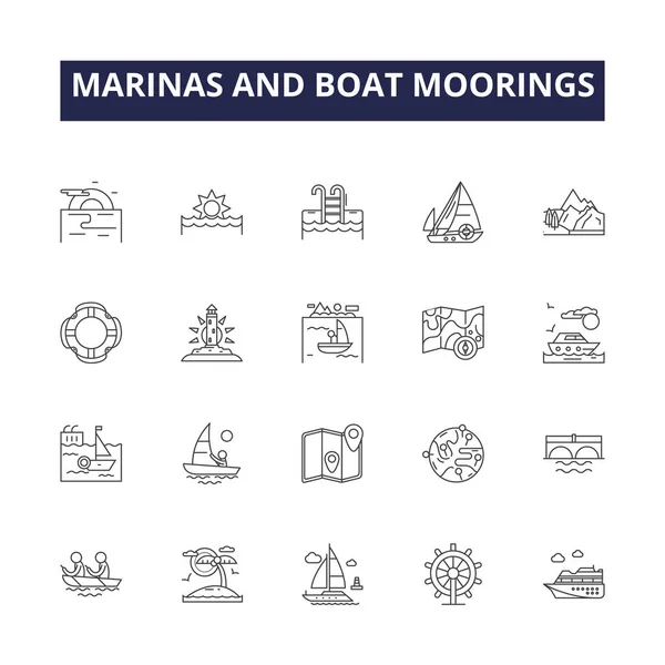 Marinas Und Bootsliegeplätze Säumen Vektorsymbole Und Schilder Boot Liegeplätze Häfen — Stockvektor