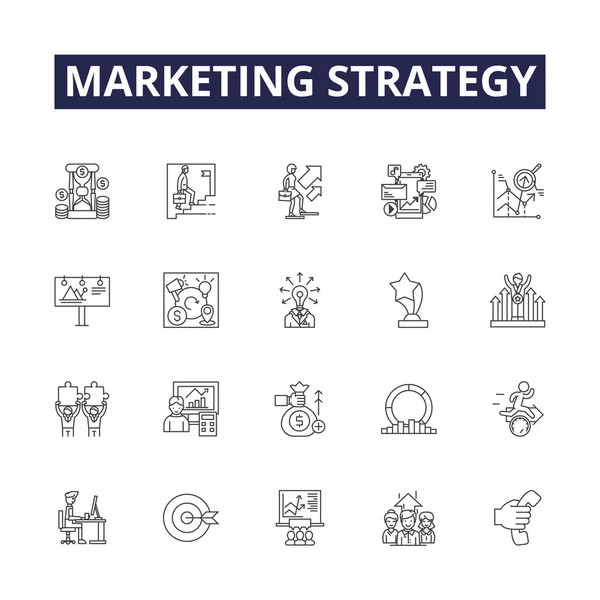 Marketing Strategy Line Vector Icons Signs Promotion Targeting Planning Positioning — Stock Vector