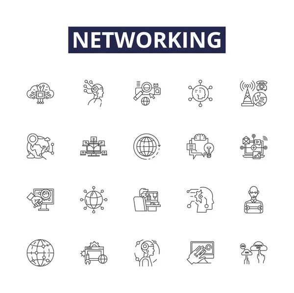 Networking Line Vector Icons Signs Connecting Linking Interlinking Interconnecting Socializing — Stock Vector