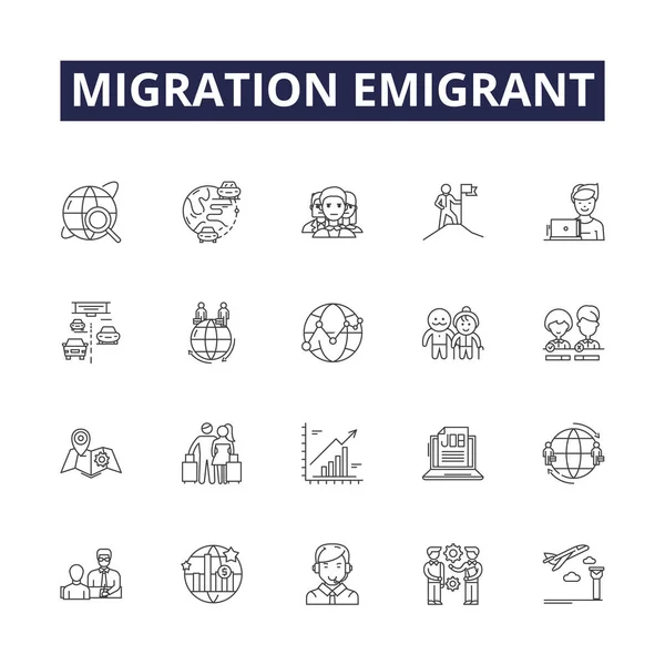 Μετανάστευση Γραμμή Διάνυσμα Εικονίδια Και Σημάδια Μετανάστευση Μετανάστευση Μετανάστευση Αποδημία — Διανυσματικό Αρχείο