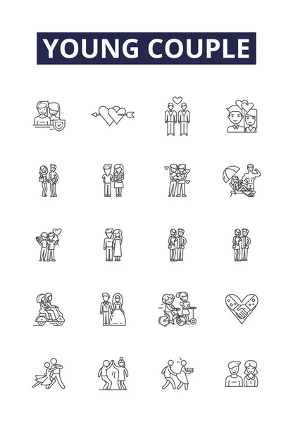 年轻夫妇线形矢量图标和符号 年轻的 年轻的 婚礼的 配偶的 新娘的 新郎的 婚嫁的 婚戒的 婚戒的 — 图库矢量图片