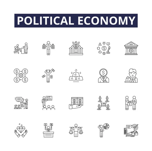 Economía Política Línea Vectorial Iconos Signos Economía Sociedad Sistema Globalización — Vector de stock