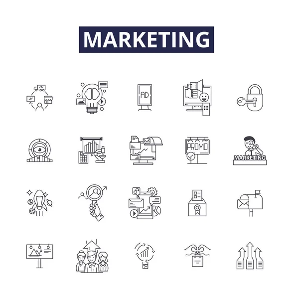Iconos Signos Vectoriales Línea Marketing Publicidad Estrategia Branding Relaciones Públicas — Vector de stock