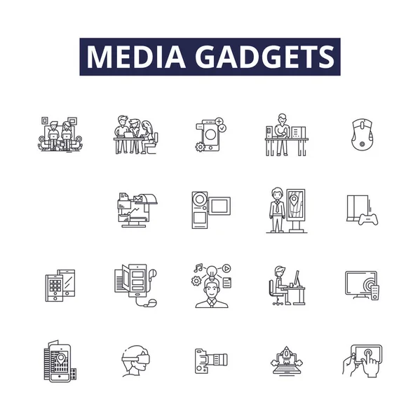 Media Gadgets Line Vector Icons Signs Camera Monitor Laptop Radio — Stock Vector