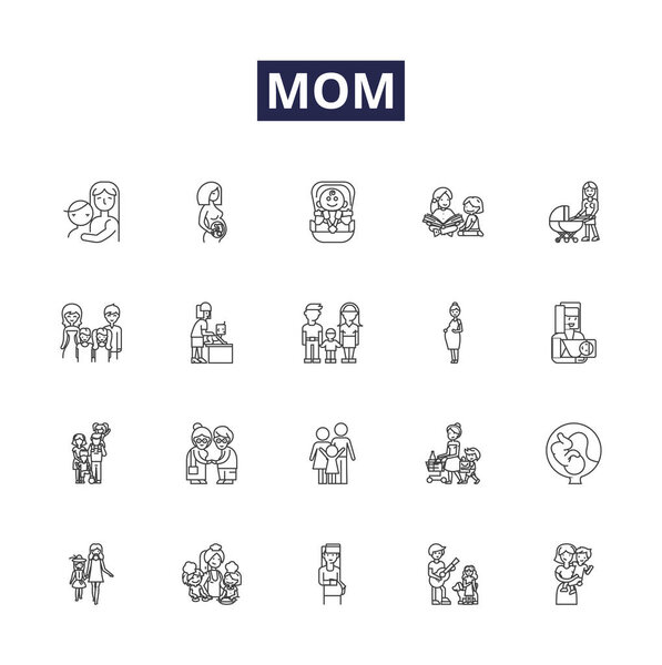 Mom line vector icons and signs. Parent, Caretaker, Guardian, Matriarch, Mommy, Mama, Playmate, Companion vector outline illustration set
