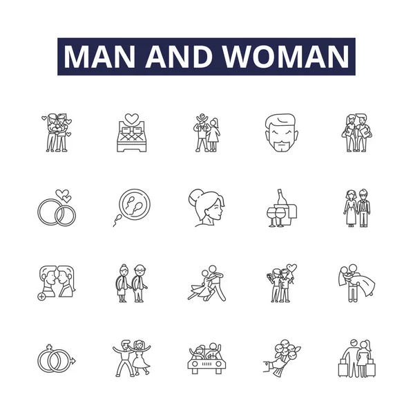 男性と女性の線のベクトルのアイコンと記号 女性男性男性女性カップル若い女の子ベクトルアウトラインイラストセット — ストックベクタ