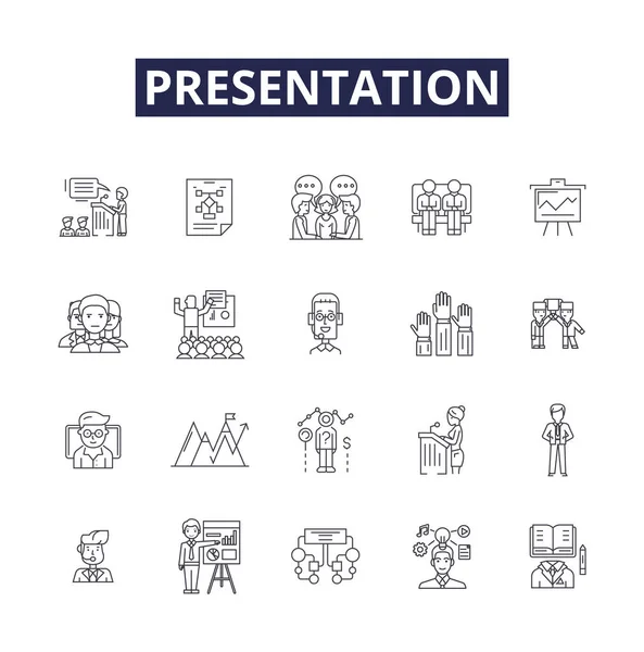 Presentazione Linea Vettoriale Icone Segni Discorso Slideshow Dimostrazione Discorso Lezione — Vettoriale Stock