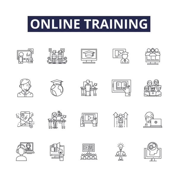 Online Training Line Vector Icons Signs Webinars Courses Tutorials Seminars — Stock Vector