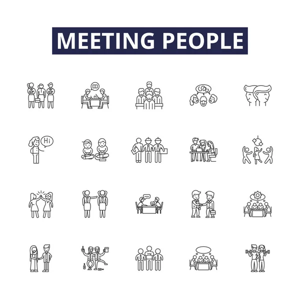 Meeting People Line Vector Icons Signs Networking Gathering Bonding Interacting — Stock Vector