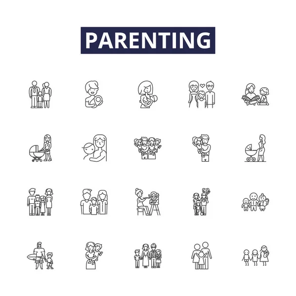 Parenting Line Vector Icons Signs Mothering Raising Nurturing Guiding Educating — Stock Vector