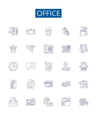 Ofis çizgisi simgeleri ayarlandı. Ofis, Masa, Sandalye, Bilgisayar, Yazıcı, Dosyalama, Tedarik, Kırtasiye ana hatları vektör çizimleri tasarımı