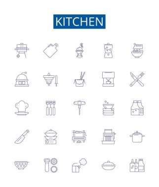 Mutfak çizgisi simgeleri ayarlandı. Mutfak, Mutfak, Dolaplar, Bulaşıklar, Utensiller, Aletler, Fırın, Fırın ana hatları konsept çizimleri koleksiyonu