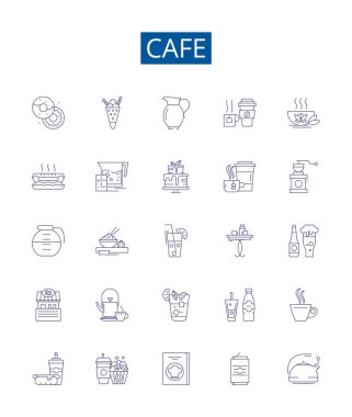 Kafe çizgisi simgeleri ayarlandı. Kafe, Kahve, Restoran, Latte, Espresso, Kahvaltı, Çay, Bistro ana hatlı vektör çizimleri tasarım koleksiyonu