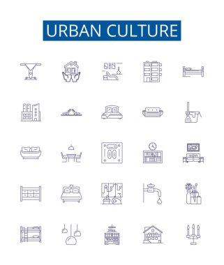 Kentsel kültür çizgisi simgeleri belirlendi. Şehir, Şehir, Nüfus, Sanat, Çeşitlilik, Müzik, Ticaret, Din ana hatları vektör çizimlerinin tasarım koleksiyonu