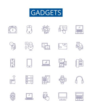 Gadgets çizgi simgeleri ayarlandı. Aygıtların, elektronik aletlerin, aletlerin, araçların, teknolojinin, oyuncakların, iPhone 'ların tasarım koleksiyonu, bilgisayarların ana hatları vektör çizimleri
