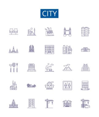 Şehir çizgisi simgeleri ayarlandı. Kentsel, metropol, belediye, yerleşim yeri, kasaba, köy, ilçe, bölge ana hatları konsept çizimleri tasarım koleksiyonu