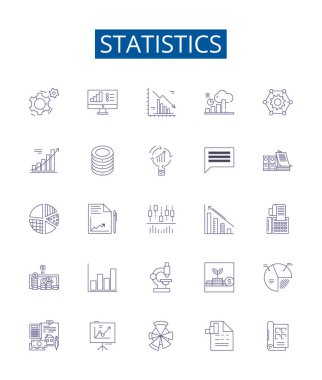İstatistik çizgisi simgeleri ayarlandı. İstatistik, veri, analiz, örnekler, popülasyon, varyasyon, ortalama, medyan ana hatlı vektör çizimleri tasarım koleksiyonu