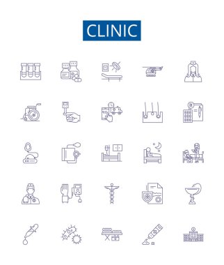 Klinik çizgi simgeleri ayarlandı. Klinik, sağlık, merkez, hastane, tıbbi bakım, sağlık hizmetleri, doktor ana hatları vektör çizimleri tasarımı