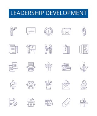 Liderlik geliştirme çizgisi simgeleri ayarlandı. Liderlik, geliştirme, koçluk, atölyeler, danışmanlık, beceriler, strateji, etki konsepti çizimleri tasarım koleksiyonu