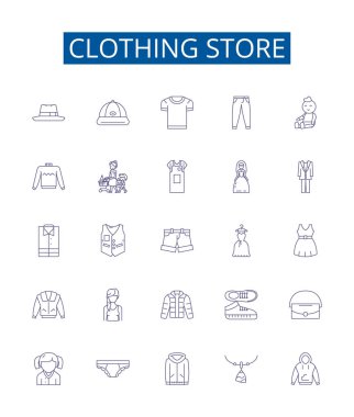 Giysi mağazası simgeleri ayarlandı. Giyim, Giyim, Giyim, Mağaza, Kıyafet, Butik, Dükkan, Retailer ana hatları vektör çizimleri tasarım koleksiyonu