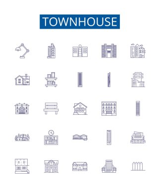 Kasaba çizgisi simgeleri ayarlandı. Townhome, Townhouse, Rowhouse, Villa, Cottage, Bungalow, Duplex, Condo ana hatlı vektör çizimleri tasarım koleksiyonu
