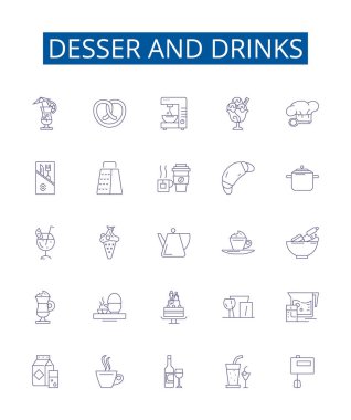 Desser ve içecek satırı simgeleri ayarlandı. Design collection of Dessert, İçkiler, Cocktail, Sherbet, Pasta, Frappe, Smoothie, Sorbet ana hatları vektör çizimleri