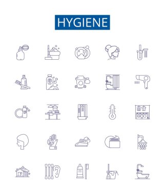 Hijyen çizgisi simgeleri ayarlandı. Temizlik, Temizlik, Temizlik, Steril, Sağlık, Taze, Sabun, Yıkama, Antiseptik ana hatları çizim çizimleri tasarımı