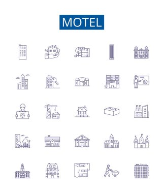 Motel hattı simgeleri ayarlandı. Pansiyon, Inn, Stopover, hostel, Resort, konaklama, bir gecelik konaklama, dinlenme konsepti çizimleri tasarım koleksiyonu