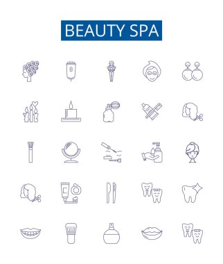 Güzellik spa çizgisi simgeleri ayarlandı. Güzellik, Kaplıca, Yüz, Masaj, Tırnak, Bakım, Manikür, Pedikür ana hatları çizim çizimleri tasarımı