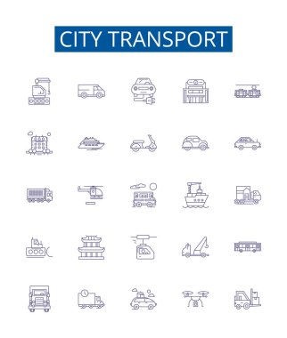 Şehir taşıma hattı simgeleri ayarlandı. Şehir, Ulaşım, Otobüs, Metro, Otomobil, Bisiklet, Taksi ana hatları konsept çizimleri tasarım koleksiyonu