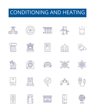Koşullandırma ve ısıtma hattı simgeleri ayarlandı. Koşullandırma, Isıtma, Hava, Soğutma, Havalandırma, Fan, Fırın, Isı ana hatlı vektör çizimleri tasarım koleksiyonu