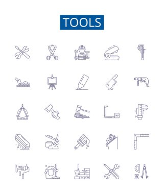 Araç çizgisi simgeleri ayarlandı. İngiliz anahtarı, İngiliz anahtarı, çekiç, pense, matkap, testere, tornavida, cetvel ana hatlı vektör çizimleri tasarım koleksiyonu